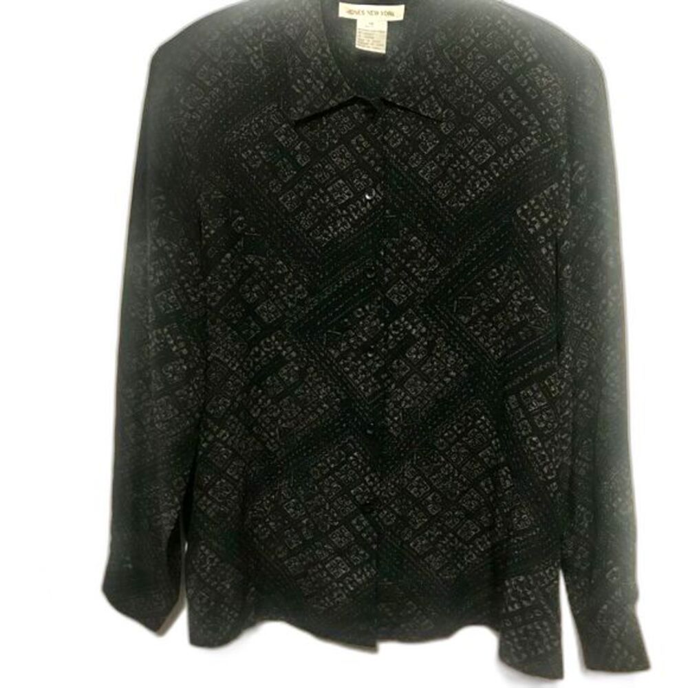 Jones New York black top tribe print 100% Silk button down shirt size 10
